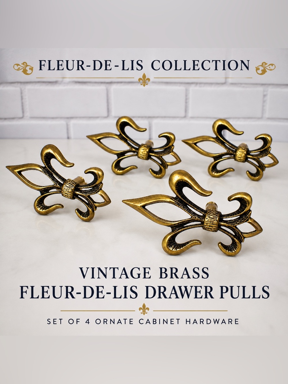 Vintage Brass Fleur-de-Lis Drawer Pulls Set of 4 Ornate Cabinet Hardware